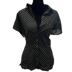 y2k liz claiborne black and white polka dot collared button up top medium